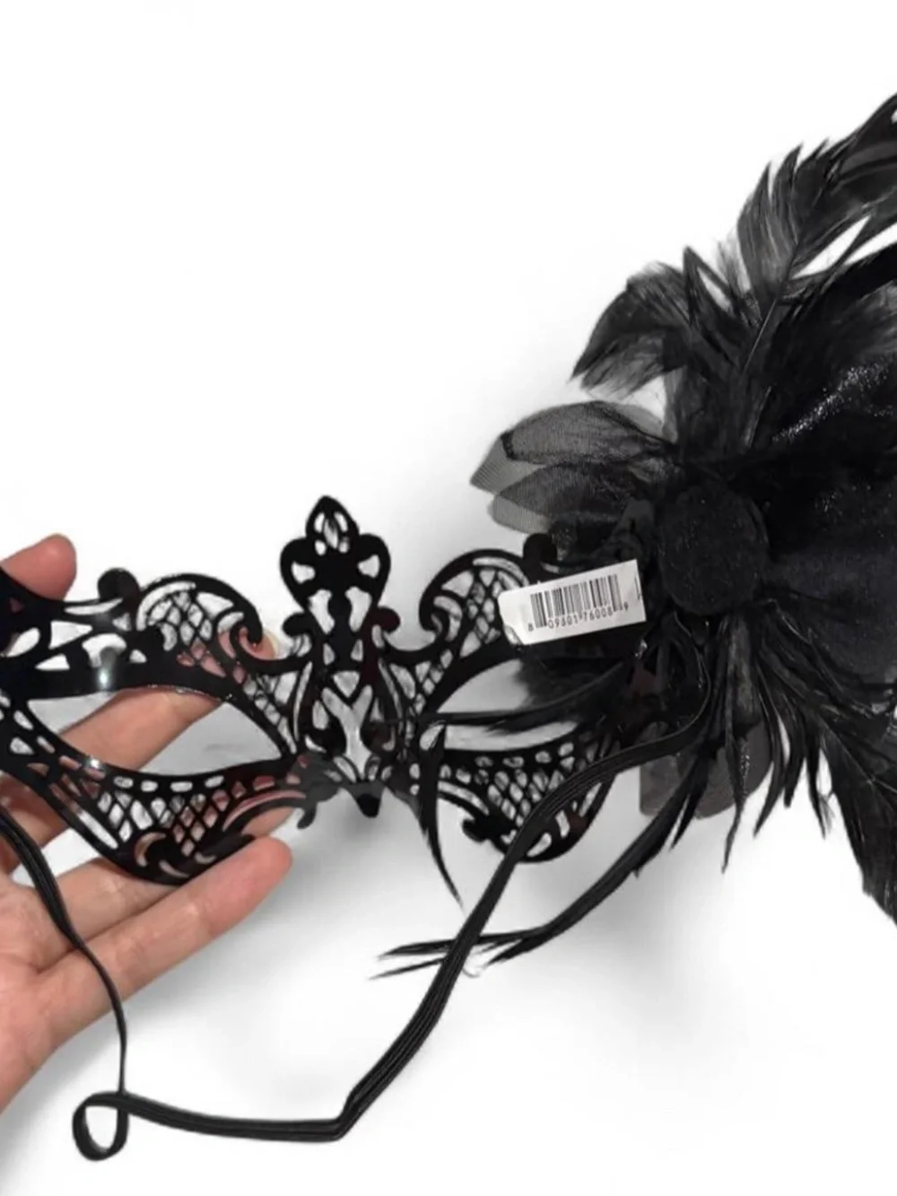 Elegant Black Feather Lace Masquerade Mask with Rhinestone Detail